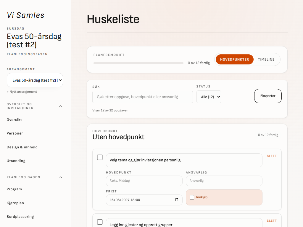 Huskeliste med oppgaver fram mot dagen