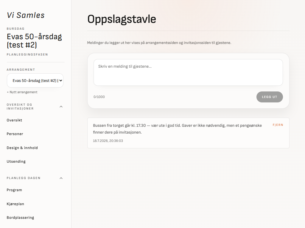 Oppslagstavle med beskjeder til gjestene