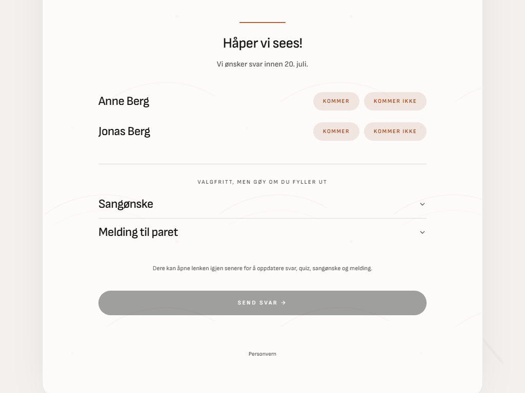 Svar-seksjonen på invitasjonen der gjesten svarer ja eller nei